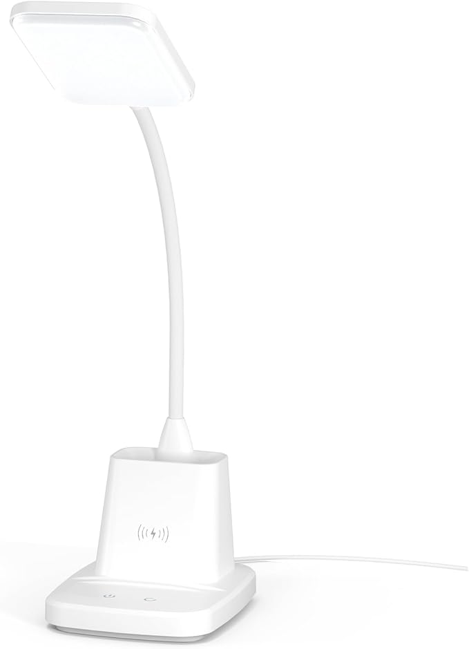 Upgraded LED Desk Lamp with Wireless Charger, White Small Desk Light with Pen Holder, 3 Color Modes, CRI 85, 800 Lumen, Study Lamps for College Dorm Room, Home Office, Adapter Included