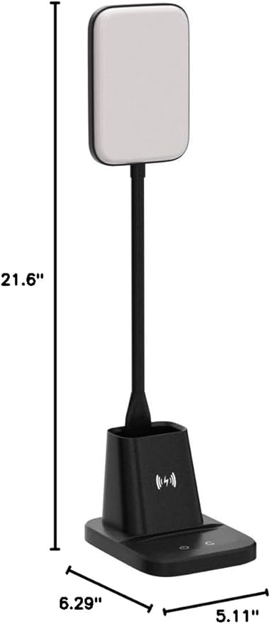 Desk Lamp, LED Desk Lamps for Home Office, Wireless Charger Small Desk Lamp with Pen Holder, 3 Color Modes, Dimmable, CRI 85, 800LM, Study Lamps for College Dorm Room, Adapter Included, Black