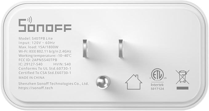 SONOFF S40 Lite 15A WiFi Smart Plug ETL Certified, Smart Socket Outlet Timer Switch, Compatible with Alexa & Google Home Assistant, IFTTT Supporting, No Hub Required -A Certified for Humans Device