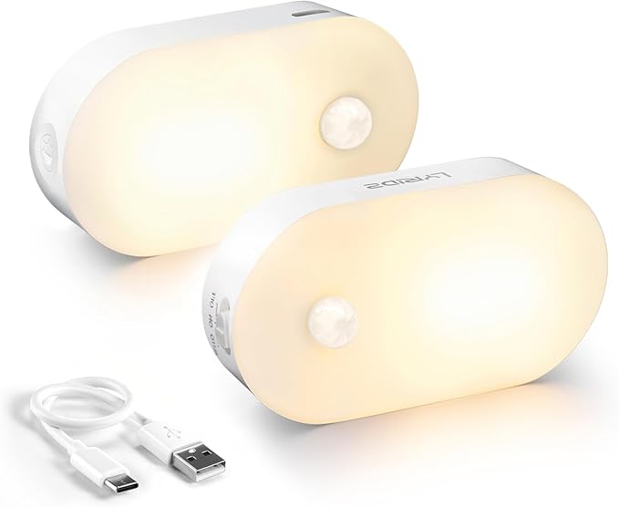 Lyridz Rechargeable Battery Night Light with Motion Sensor, Portable Mini Warm White LED Stick-on Closet Light, Adjustable Brightness for Bathroom, Bedroom, Kitchen, Cabinet, Stairs, Hallway, 2-Pack