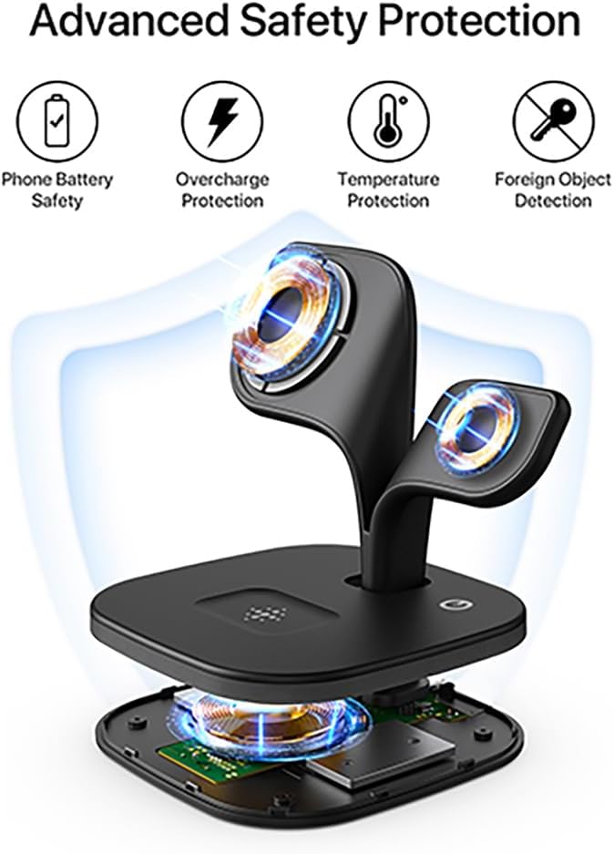 EXW Wireless Charging Station for Magsafe Charger,Charging Station for Multiple Devices,Wireless Charger for iPhone 17 Air 16 15 14 13 12,Apple Watch,AirPods with LED(Black)