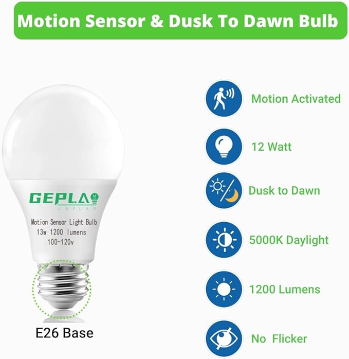 GEPLAD 4-Pack Upgrade Motion Sensor LED Light Bulbs 12W (100W Equivalent), A19 E26 Dusk to Dawn Bulb, Outdoor & Indoor, 5000K Daylight, 1200LM,Glass-Penetrating Sensor, Upward/Downward Mounting