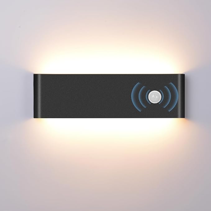 LED Hardwired Motion Sensor Light Indoor Wall Sconce, 12W Motion Sensor Wall Light Indoor Sconce Wall Aluminum Modern Wall Sconce for Living Room Hallway Stair (Black 3000K, 1 Pack)