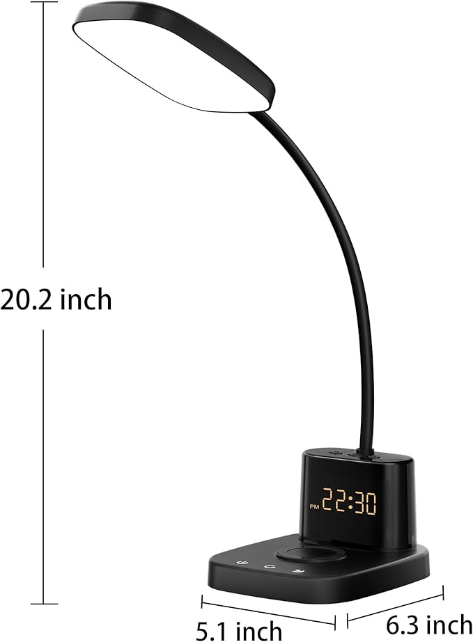 Desk Lamp, Bedside Table Lamps with Wireless Charger and Clock, 30Mins Auto-Off Night Light Lamp, 3 Color Modes Dimmable Touch 800LM CRI 95, LED Desk Lamps for Home Office, Adapter Included