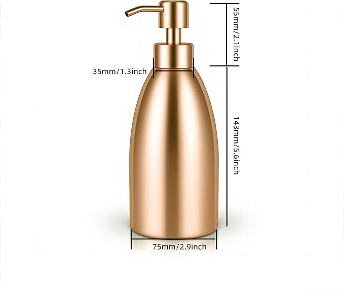 304 Stainless Steel Soap Dispenser 16oz Rust-Proof Liquid Soap Pump Bottle for Kitchen or Bathroom Countertop Hand Dish Lotion Leak-Proof (Rose Gold)