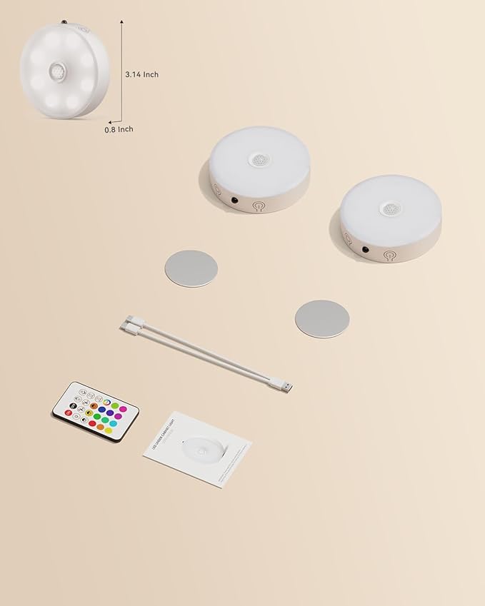 LENOMA Puck Lights with Remote, Rechargeable Under Cabinet Lighting, 3 Color Temps, 12 RGB Color LED Motion Sensor Lights Wireless, Dimmable Tap Lights for Closet, Kitchen, Shelf, Stair, 2 Pack
