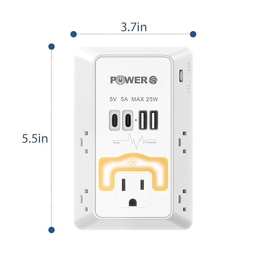 Snug Multi Plug Wall Outlet with USB Ports (2C2A), Wall Outlet with Night Light, Surge Protector, Wall Plug Adapter for Multiple Devices, Wall Socket Expander