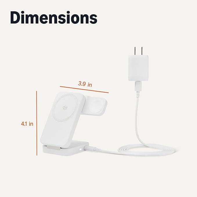 Amazon Basics MagSafe Compatible 25W Fast Charging Qi2.2 Certified 3-in-1 Wireless Charging Station, Foldable Stand for iPhone 17/16/15/14/13/12, Apple Watch, AirPods, with 45W Adapter, White