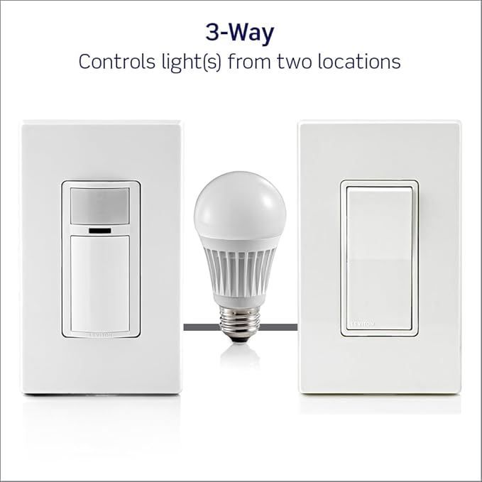Leviton Motion Sensor Light Switch, Motion Activated, Auto-On/Auto-Off or Manual-On, 5A, No Neutral Wire Required, Single Pole or 3-Way, DOS05-1LZ, White/Ivory/Light Almond