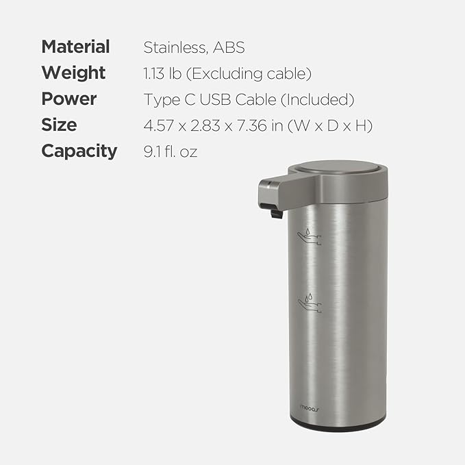 mooas Automatic Liquid Soap Dispenser Stainless Steel Touchless Hands Free Soap Dispenser 2 Levels Adjustable Waterproof Motion Sensor Electric Dish Soap Dispenser for Kitchen Bathroom (Rechargeable)