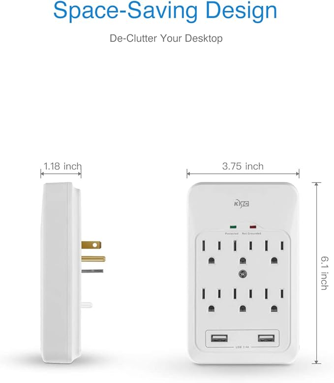 KMC 6-Outlet Surge Tap, 2 USB Ports (3.4A), 980 Joules Surge Protector, White (2 Pack)