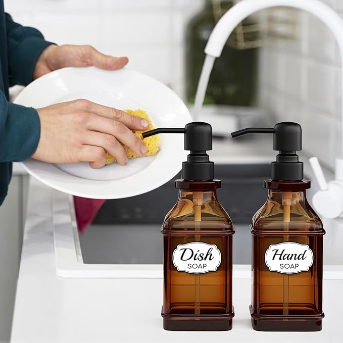 LMQML Soap Dispenser - 2 Pack, Antique Design Thick Amber Glass Hand Soap Dispensers with Sturdy Tray; 304 Rust Proof Stainless Steel Black Pump, 12Pcs Stickers, for Kitchen, Bathroom- Black
