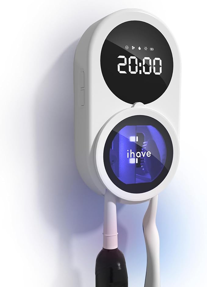 iHave Toothbrush Sanitizer Holder with UVC & 100M Negative Ions: Auto-Cycle for 360° Disinfection, Mold & Odor Removal | USB Toothbrush Holders Wall Mounted with Wave Sensor, LED, Heated & Fan Drying