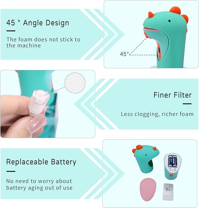 Automatic Soap Dispenser, Cute Touchless Foaming Soap Dispenser, IPX6 Waterproof, 2 Levels Foam Adjustable, Smart Hand Dispenser for Bathroom Kitchen 8.7oz/250ml (Dinosaur)