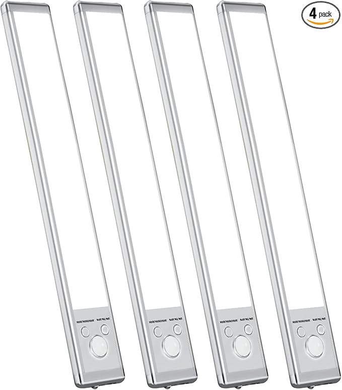 LUCK AROUND 4 Pack Under Cabinet Lighting, Motion Sensor Light, 12-Inch Rechargeable LED, Battery Powered White