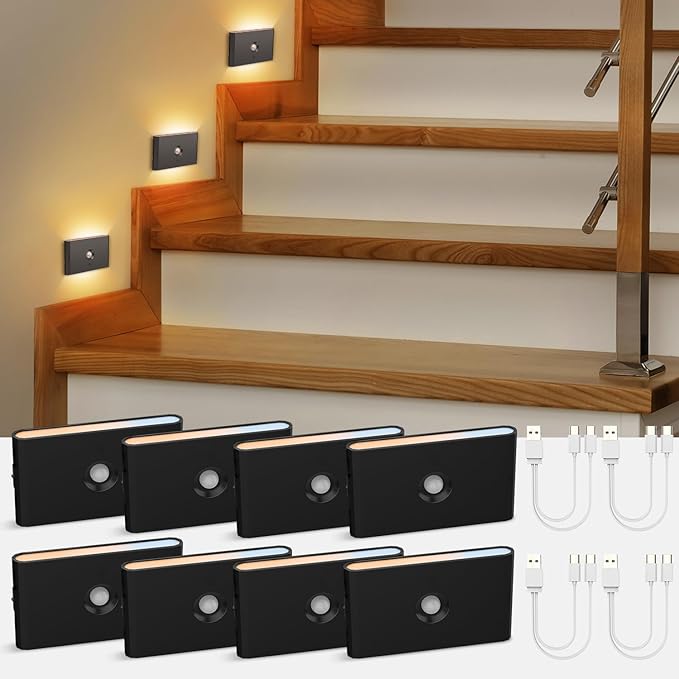 wowatt 3CCT Rechargeable Stair Lights Indoor, Black Stairway Lights Indoor with Magnetic Mount, Dimmable Stair Lights Motion Sensor for Stairway, Hallway, Kitchen, Bathroom(8 Packs)