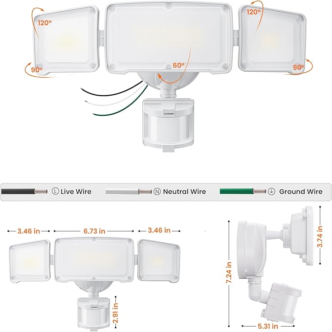 LEPOWER LED Security Lights Motion Sensor Light Outdoor, 38W 4200LM Light, 5500K, IP65 Waterproof, 3 Head Detected Flood Light for Garage, Yard, Porch (White)
