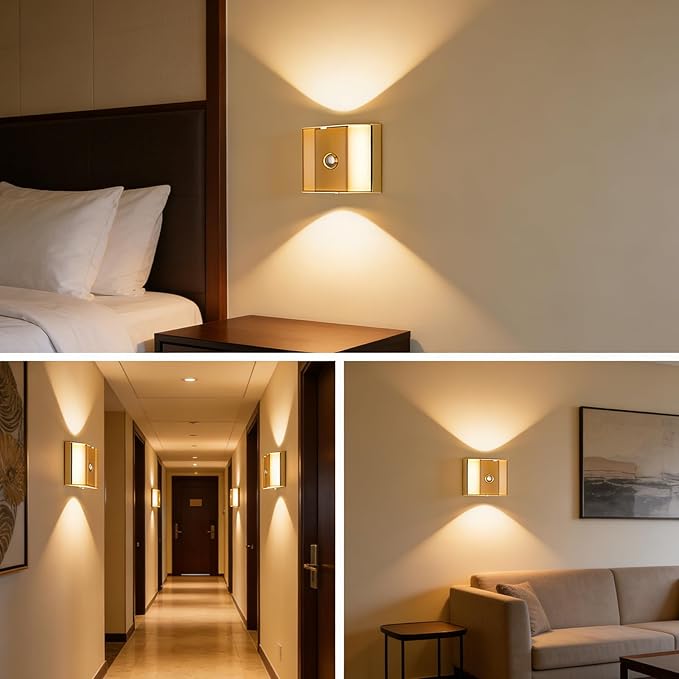 2 Pack Motion Sensor Wall Light, Rechargeable Wall Sconce with 3 Color Temperatures and Brightness Adjustable, Wireless Magnetic Mount for Bedroom, Stair, Hallway, Closet (2, Gold)