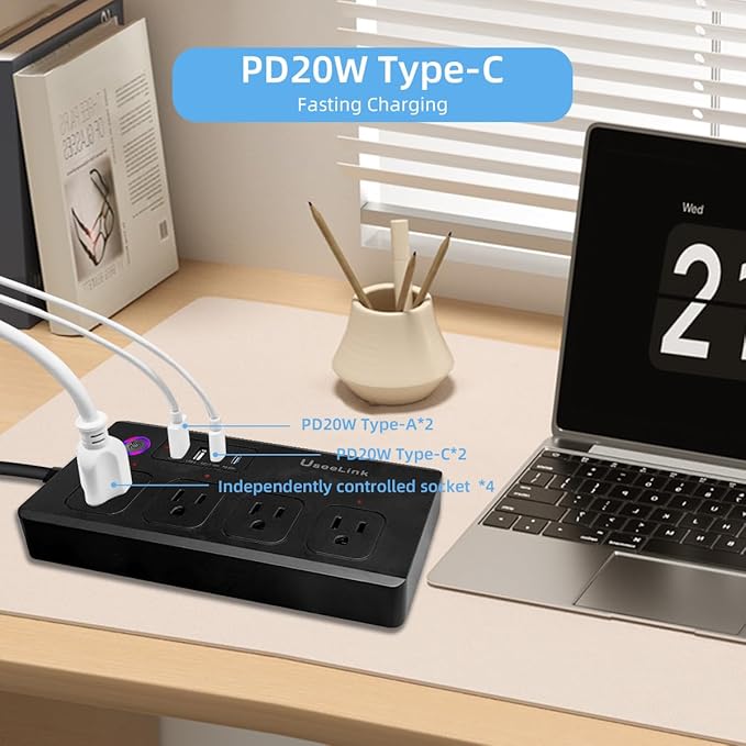 Matter Smart Power Strip,Works with Apple HomeKit, Siri, Alexa, Google Assistant, with 4 Individually Controlled AC Outlets & 2 USB 2 Type-C Ports, Multi-Plug Extender for Home Office-Black