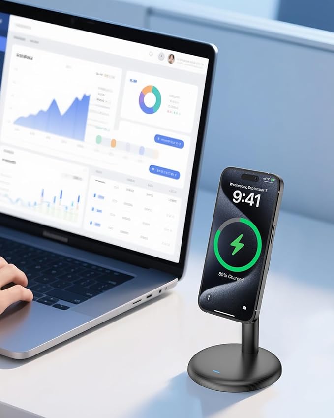Mag Safe Charger Stand for iPhone 17/Air/16/15/14/13/12,15W Fast Charging,Wireless Charging Pad Compatible with MagSafe Suitable for Desk or Nightstand (No Adapter/Angle Fixed)