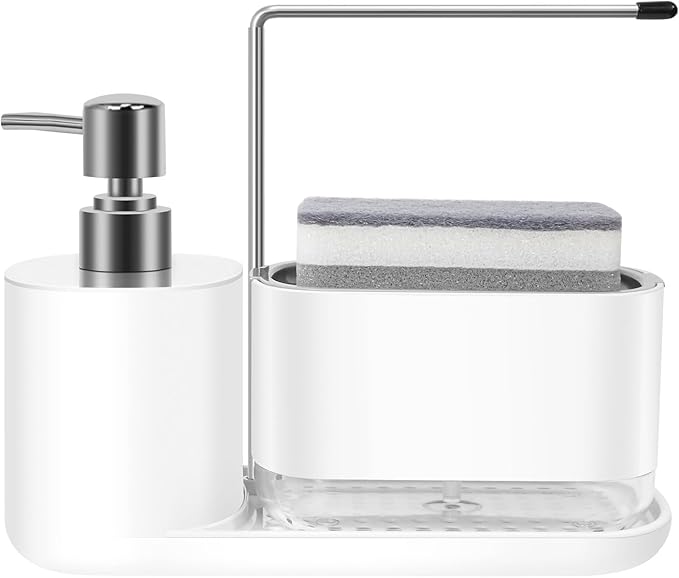 Dish Soap Dispenser Set 4-in-1 Soap Dispenser for Kitchen Sink with Detachable Sponge Included Dish Liquid Dispenser, Bathroom Soap Dispenser, White