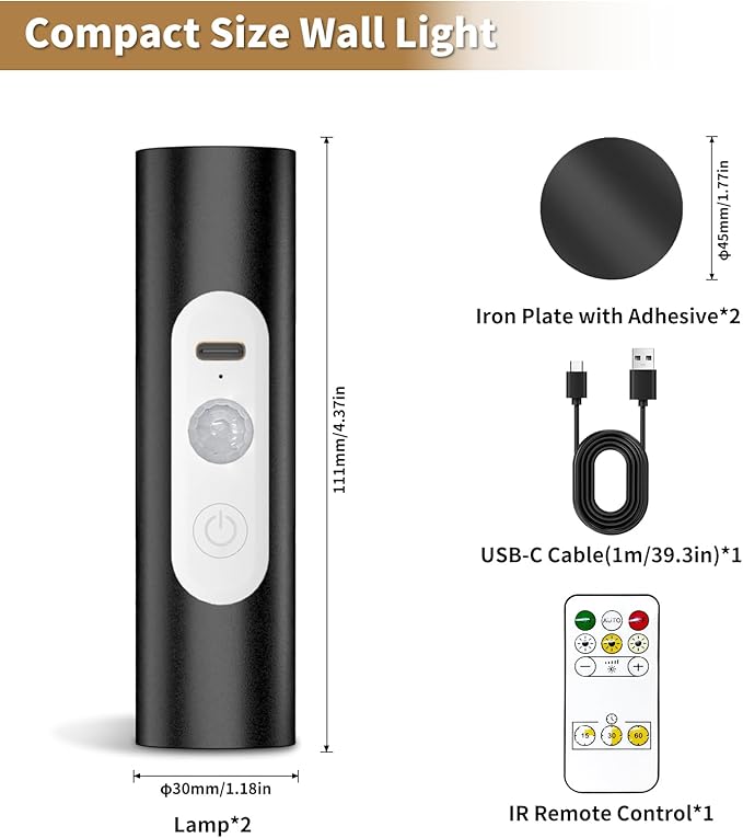 WOBSION Motion Sensor Wall Light with Remote Control, Rechargeable Wireless Wall Sconce, Brightness Adjustable, 3 Color Mode,Indoor Lamp for Hallway, Bedroom,Picture,LED,Black,2 Pack