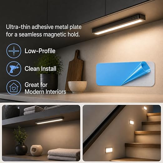 12pcs Under Cabinet Light Magnetic Strip, Replacement Magnetic Strips with Adhesive Backing for Rechargeable Motion Sensor Lights Wireless Under Counter Light in Kitchen Stairs Closet and Bedroom