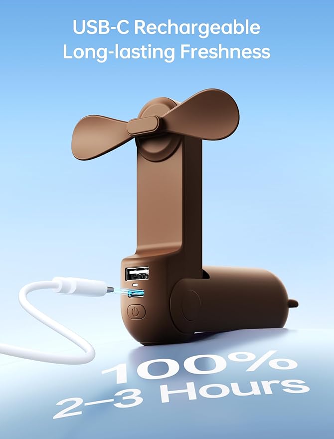 JISULIFE 3 IN 1 Handheld Mini Fan - Portable Fan & Power Bank & Flashlight, 19H Max Cooling, USB Rechargeable, Pocket-Sized for Travel, Cruise, Concerts, Makeup, 2026 Summer Gifts for Women(Brown)