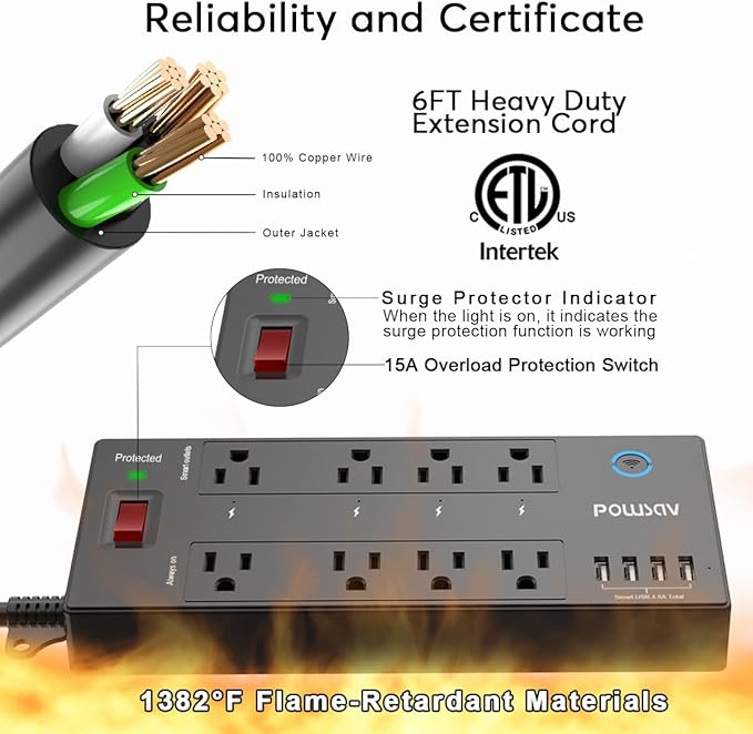 POWSAV 6 Ft WiFi Surge Protector - 8 Outlet Extension Cord with 4 Smart & 4 Always On Outlets, 4 USB Ports, Alexa & Google Home Compatible, Black