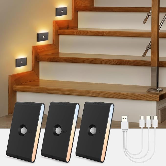 wowatt Rechargeable Motion Sensor Stair Light, Black Night Lights with Magnetic Mount, Dimmable Stair Lights Indoor for Stairway, Hallway, Kitchen, Bathroom(3 Packs)