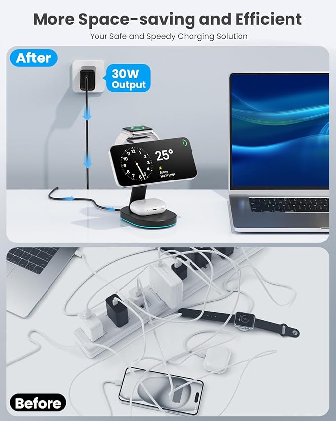 3 in 1 Wireless Charger Charging Station for iPhone,Qi2 Certified 15W Magnetic Charging Stand for Mag-Safe with 30W USB C Adapter&Friendly Night Light for iPhone 17/16/15/14/13/12,Apple Watch,AirPods
