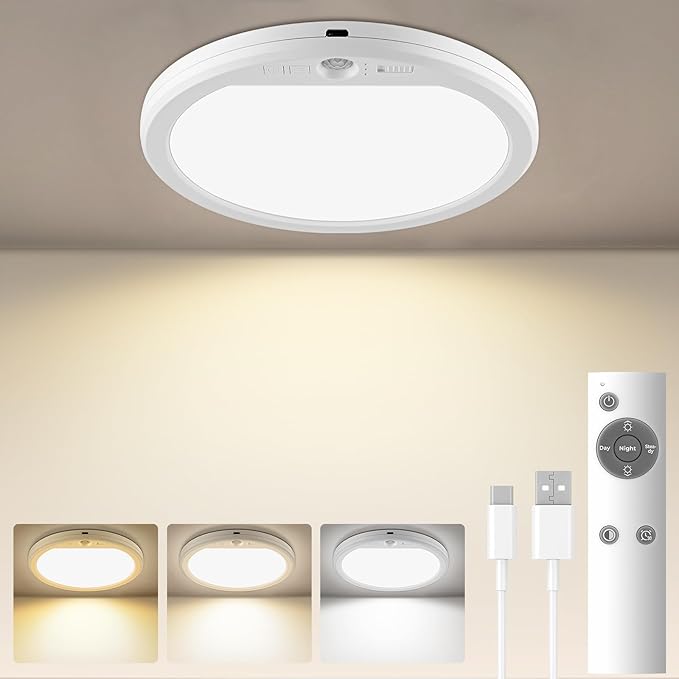 7" Rechargeable Motion Sensor Ceiling Light, 750LM Magnetic Wireless LED Light with Remote, IP44 Waterproof Battery Operated Ceiling Light for Closet Shower Stairs Hallway Garage Porch Pantry Patio