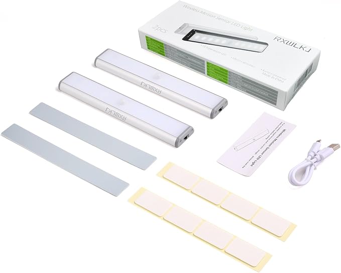 RXWLKJ Stick-on Anywhere Portable Little Light Wireless LED Under Cabinet Lights 10-LED Motion Sensor Activated Night Light Build in Rechargeable Battery Magnetic Tap Lights for Closet, Cabinet