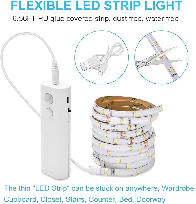 Rechargeable LED Strip Lights for Cabinets - LUXJET 2M Cool White Motion Sensor led Strip Lights for Bedroom, Kitchen, Under Cabinet, TV, Stairs, Door Frame