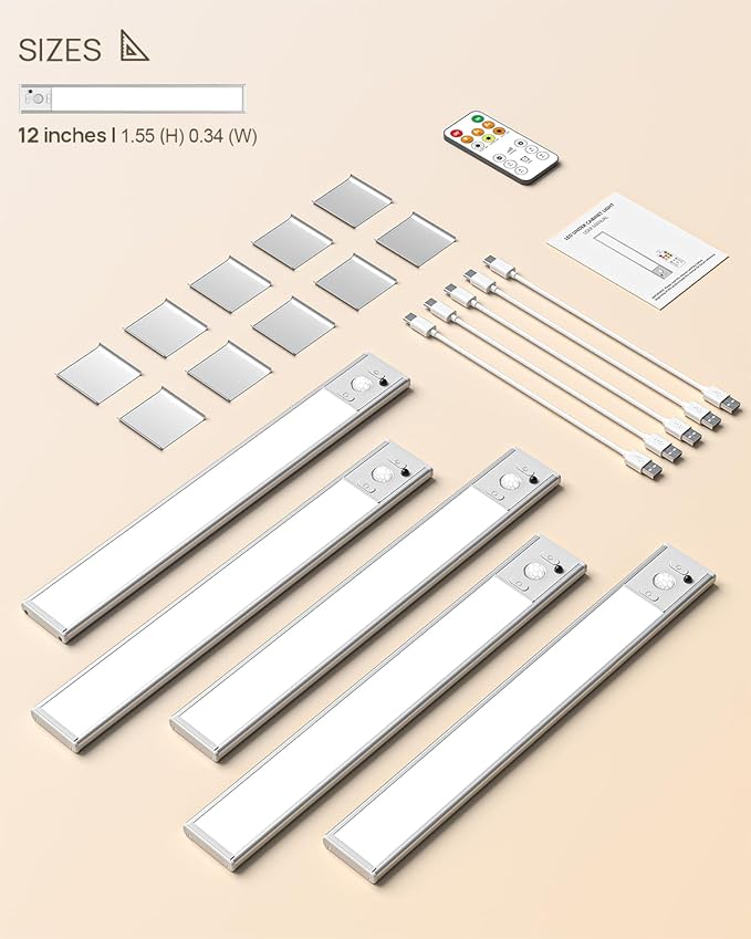 Under Cabinet Lights Wireless, 12'' Rechargeable Motion Sensor Light Indoor, 3 Color Temperature Dimmable Closet Lighting with Remote, Under Counter Lights for Kitchen, Pantry, Stairs, Wardrobe