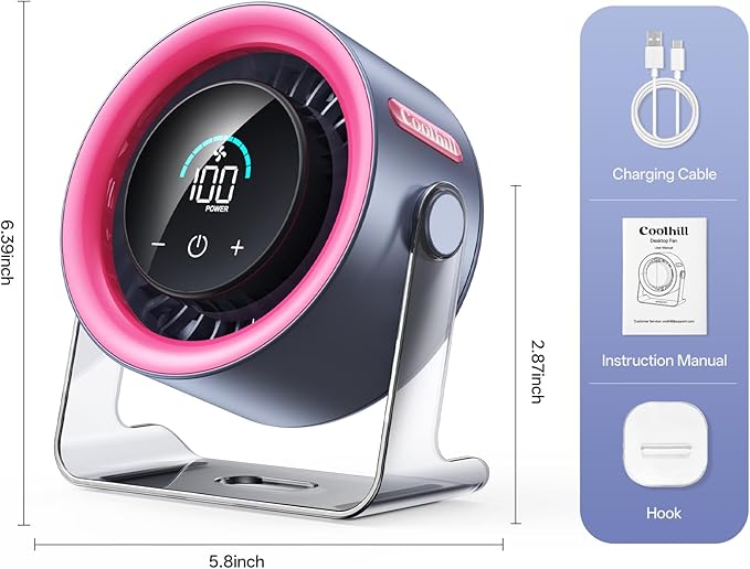 USB Desk Fan for Bedroom: 100 Speeds Digital Display Quiet Portable Fan with Turbo Airflow, 120° Rotating Small Rechargeable Battery Desktop & Wall-Mounted Fans for Bedroom Home Office (Pink)