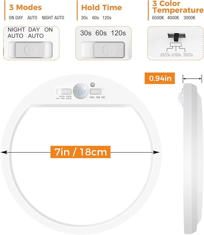 Slochi 2Pack Motion Sensor Ceiling Light Wired, 3000K/4000K/6500K Motion Sensor Light Indoor, 15W 1500LM 7 In Closet Lights Motion Sensored with Timer, Flush Mount Light for Hallway Wall Pantry, White