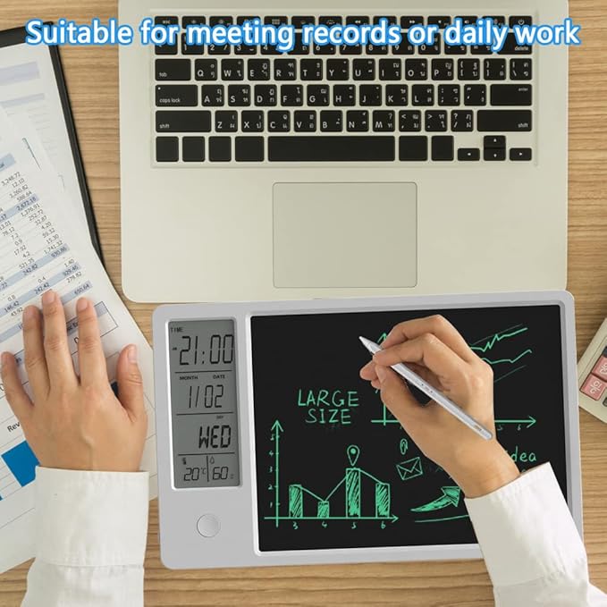 Electronic Desktop Calendar Rechargeable Writing Notepad with Digital Clock Date Time Week Indoor Temperature Display 9.5inch Drawing Pad for Office Home Business(White)