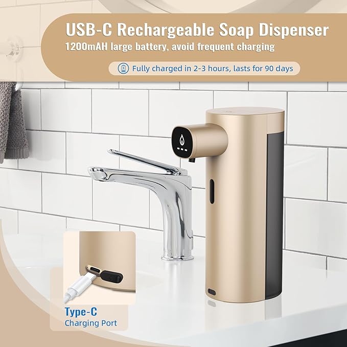 Automatic Liquid Soap Dispenser Touchless, USB Rechargeable Smart Hand Soap Dispenser, 13.5oz/400ml, 3-Level Adjustable, Compatible with Thick Thin Dish Soap for Bathroom Kitchen, Clog-Free (Gold)