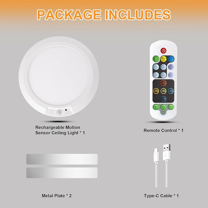Rechargeable Motion Sensor Ceiling Light with 5 Colors and Remote, Battery Operated LED Shower Light, Magnetic Wireless Closet Light for Bathroom Hallway