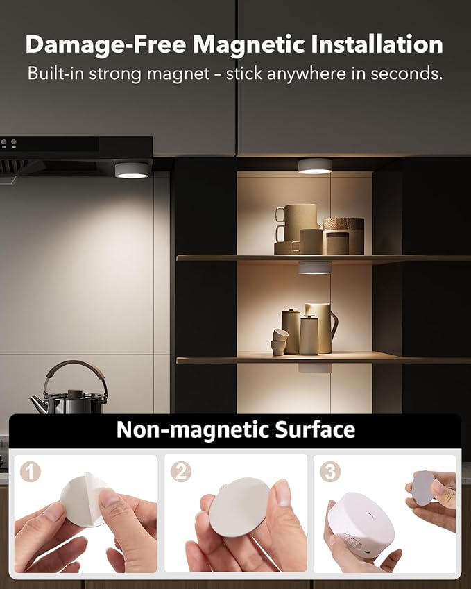 Radar Motion Sensor Puck Lights Rechargeable, Wireless RGB Under Cabinet Lighting with Remote, Color Changing Night Lights USB Magnetic Push Light for Stairs, Shelf, Showcase, Bookcase, Display
