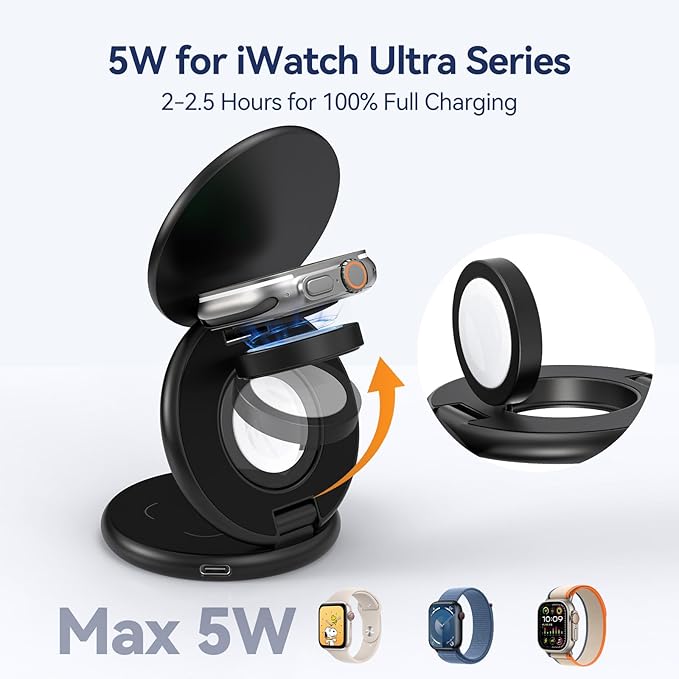 KU XIU X63 3 in 1 Charging Station for Apple, Aluminum Alloy Foldable Magnetic Wireless Charger, Travel Charger for iPhone 17/16/15/14/13/12 Series, Apple Watch & AirPods(with 20W Adapter)-Black