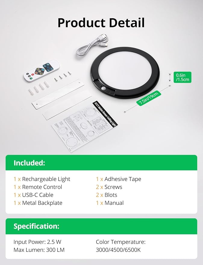 Bojim Rechargeable Motion Sensor Wireless Closet Ceiling Light 6000mAh Battery Powered, Magnetic Fixture Shower Lights with Remote Dimmable Timing for Laundry Bathroom Black