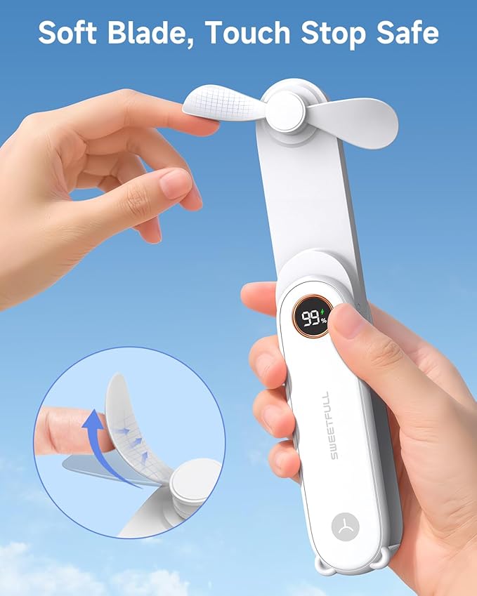 SWEETFULL Portable Handheld Mini Fan with LED Display, 3-in-1 Personal Foldable USB Rechargeable Hand Held Fan & Flashlight for Travel, Lash Eyelash, Cute Small Pocket for Women, Girls