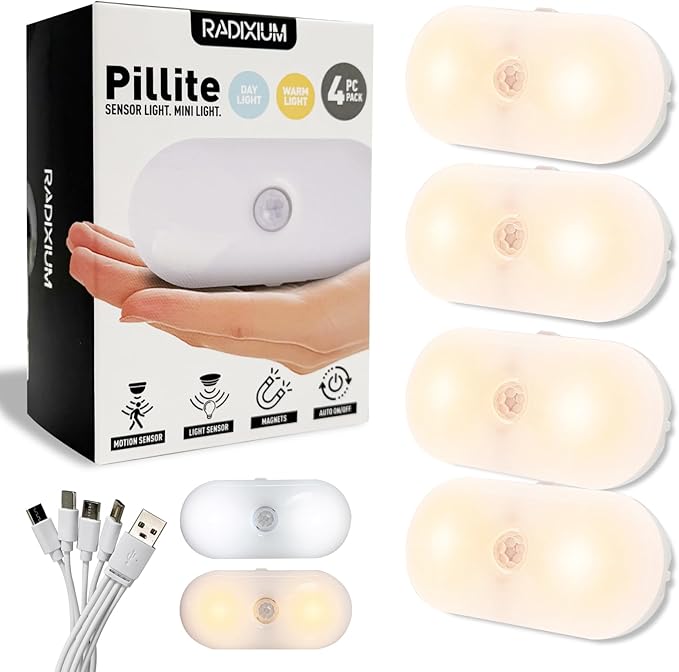Rechargeable Motion Sensor Night Light, 2-Color White & Warm Toilet Light with Auto/On Mode, Magnetic & Adhesive Installation for Bathroom, Bedroom, Hallway (4 Pack)