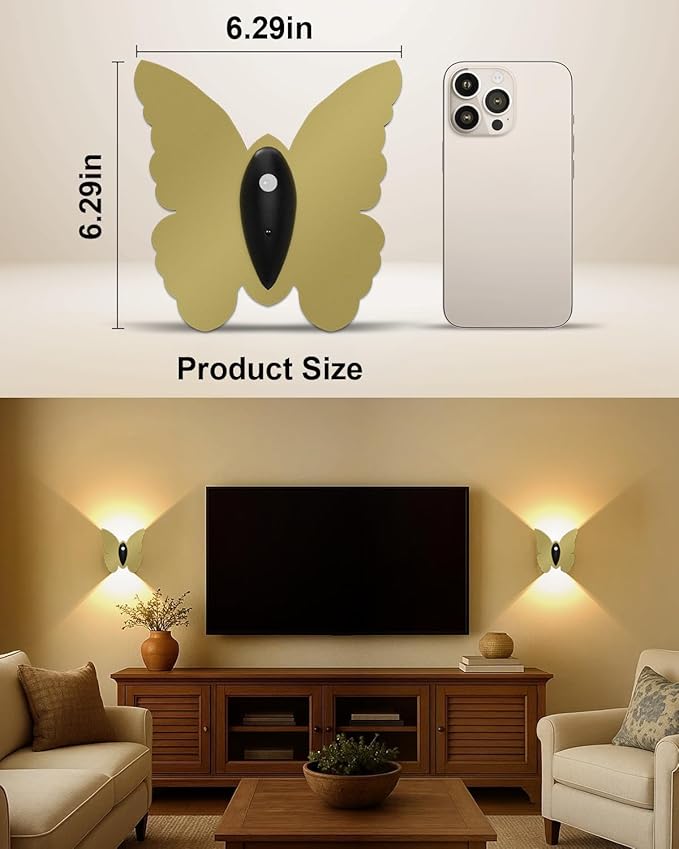 Magnetic Motion Sensor Wall Light: 5000mAh Rechargeable Battery Powered Wall Sconce Set of 2 with Remote, 3 Colors Wireless Wall Lamp LED Up and Down Wall Sconce for Hallway Stairway Bedroom, Gold