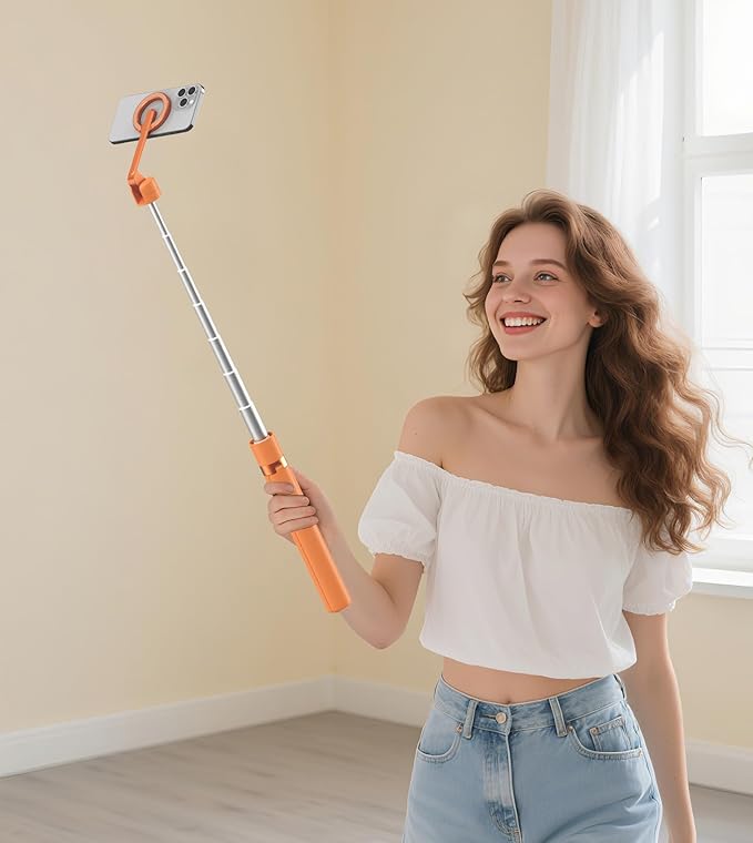 TONEOF 68" Magnetic Selfie Stick Tripod with Aluminum Strong Magnetic Holder for Magsafe, 360° Rotatable Travel Phone Tripod Stand with Metal Ring & Rechargeable Remote for iPhone/Android(Orange)