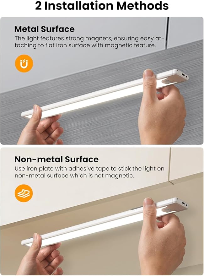16 Inch Under Cabinet Lights, LED Rechargeable Magnetic Motion Sensor Light Indoor, Brightness Dimmable 6500K Stepless Dimming Closet Light, for Under Counter, Kitchen, Stairs, Closet, 2 Packs
