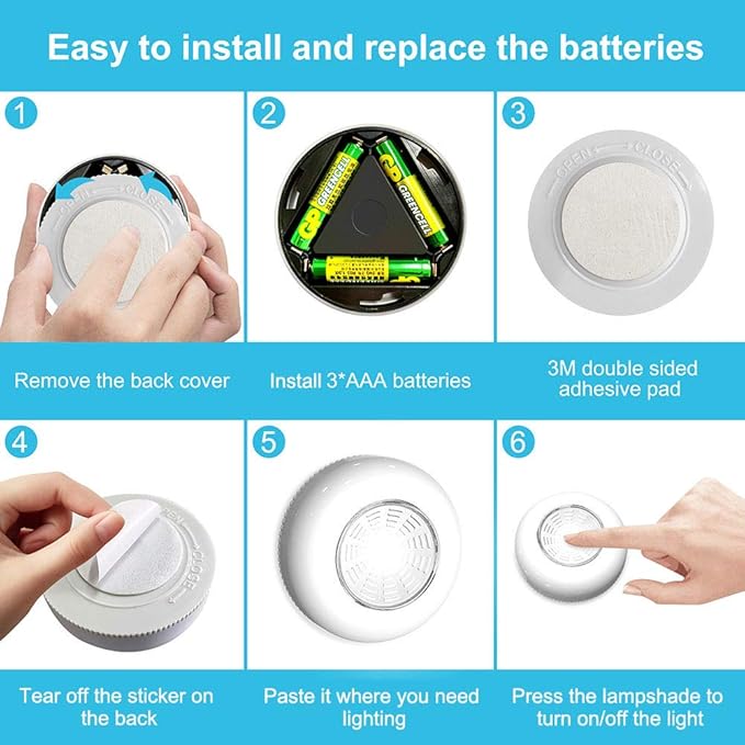 Tap Light 6 Pack Portable LED Puck Touch Night Lights - Battery Operated Under Cabinet Lighting for Kitchen, Closet, Classroom, Indoor & Outdoor
