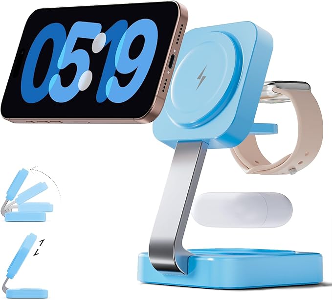 RYND 2026 Traveling Wireless Magnetic Fast Charging Station,3 in 1 Charger with i Phone 17 16 15 14 13 12 Pro Max Plus,Apple Watch Series & Air pod 4 3 2 Pro-Gifts for Wife & Husband(Blue)